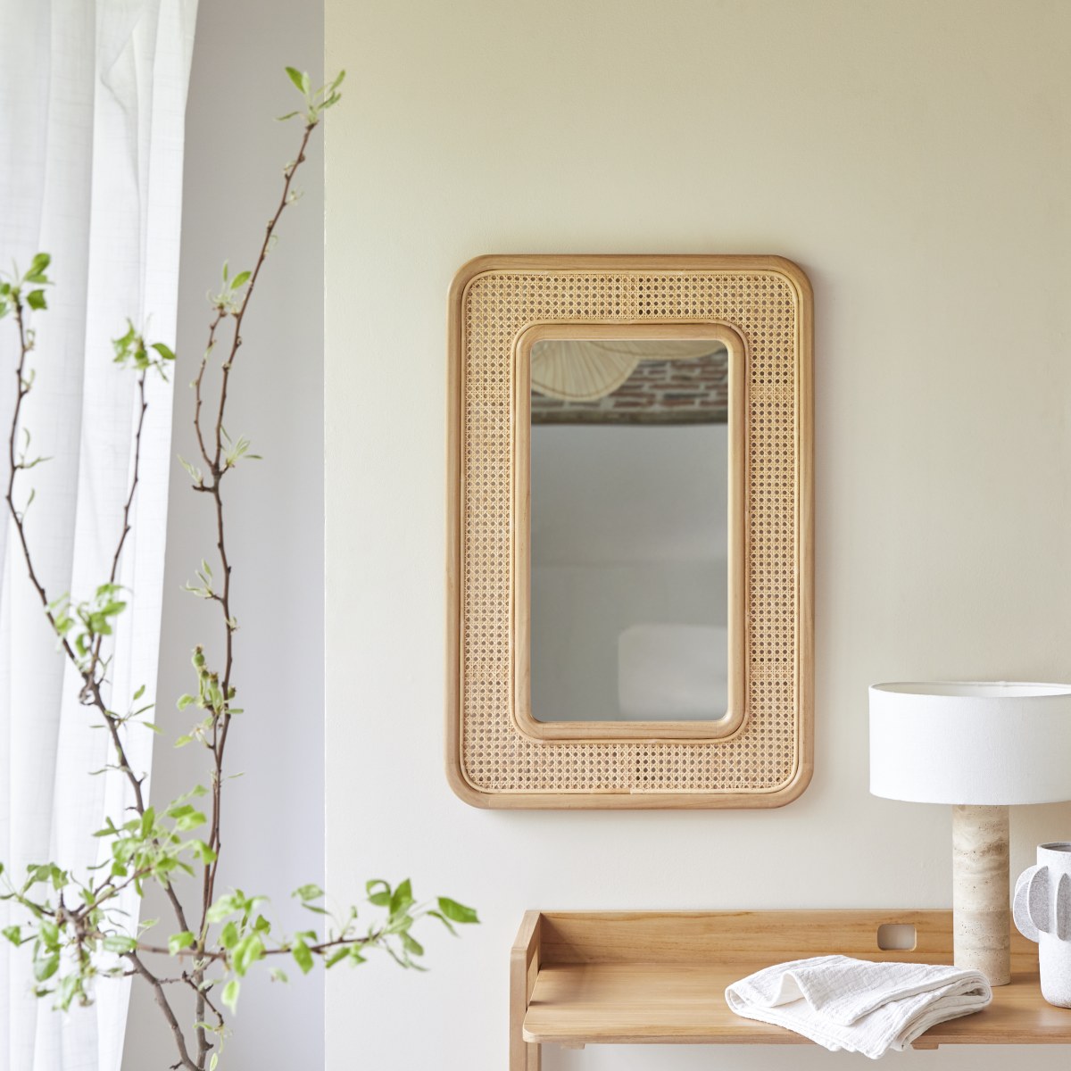 COME teakfa és rattan tükör 60x90